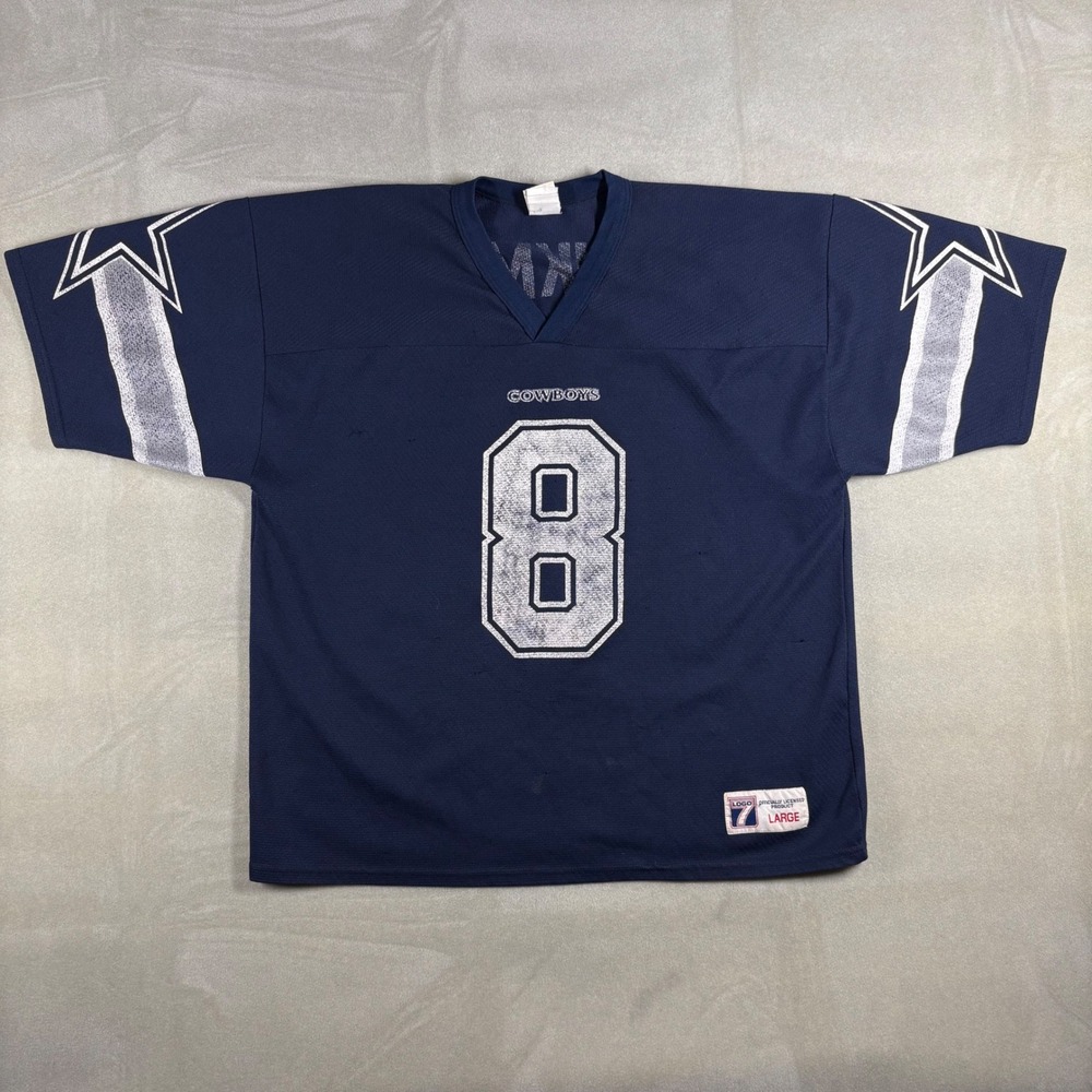 Vintage Logo 7 Dallas Cowboys Troy Aikman 8 Jersey Mens Large Navy Blue 90s NFL